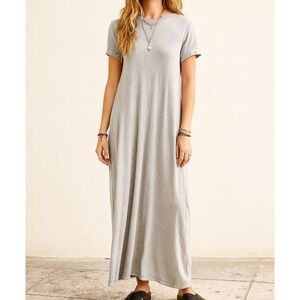 DKNY sz M Womens Gray 100% Cotton Long Short Sleeve Maxi Shirt Dress Casual Cozy